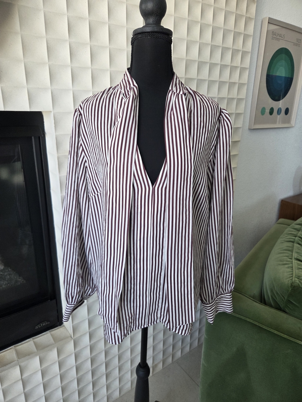 Maeve Anthropologie Tie-Neck Blouse Maroon Brown & White Vertical Stripes Large - Picture 5 of 11